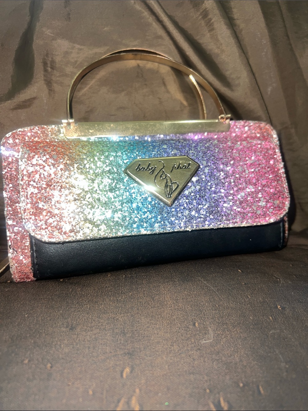 Y2K Baby Phat Rainbow Glitter Top-Handle Clutch with long strap